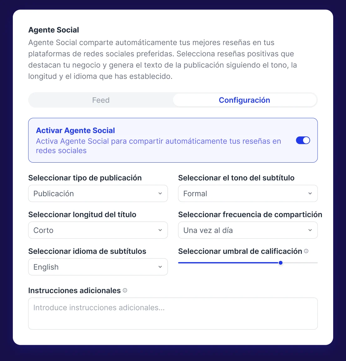 Configuración del Agente Social: tono, idioma, frecuencia y plataformas