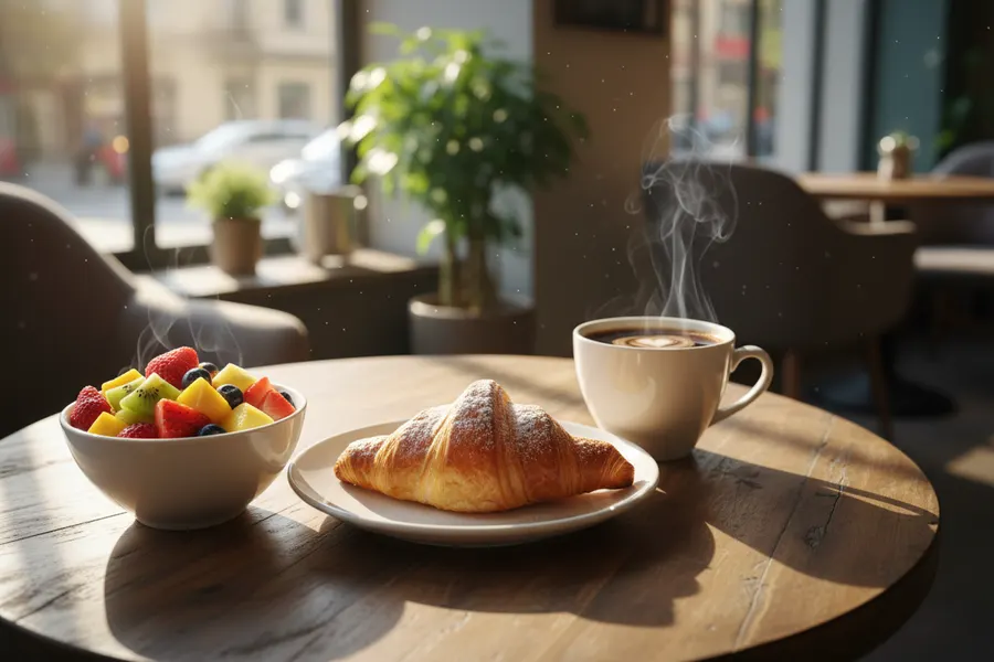 Bol de fruta fresca, croissant y café en una mesa de madera